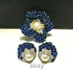 Vintage Signed BOUCHER Faux Sapphire Pearl Rhinestone BROOCH & Earring SET WW22