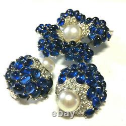 Vintage Signed BOUCHER Faux Sapphire Pearl Rhinestone BROOCH & Earring SET WW22