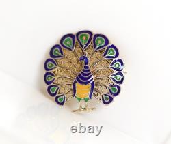 Vintage Silver Brooch 835er Peacock Enamel Blue Green Yellow, Plated, L2,65cm