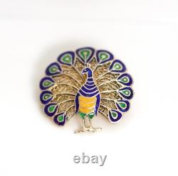 Vintage Silver Brooch 835er Peacock Enamel Blue Green Yellow, Plated, L2,65cm
