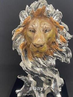 Vintage Silver Lion Sculpture Statue Rare Figurine ArtBe Italy Enamel Art Decor