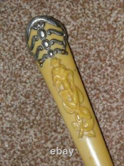 Vintage Silver Plate Walking Stick/Cane With Floral Detailed Celluloid Handle