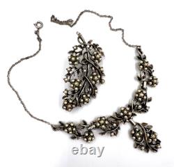 Vintage Silver Plated Art Nouveau Necklace Set with Faux Pearls Matching Brooch