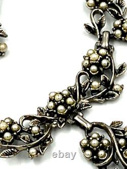 Vintage Silver Plated Art Nouveau Necklace Set with Faux Pearls Matching Brooch