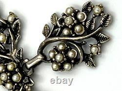 Vintage Silver Plated Art Nouveau Necklace Set with Faux Pearls Matching Brooch