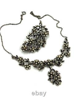 Vintage Silver Plated Art Nouveau Necklace Set with Faux Pearls Matching Brooch