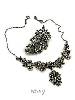 Vintage Silver Plated Art Nouveau Necklace Set with Faux Pearls Matching Brooch