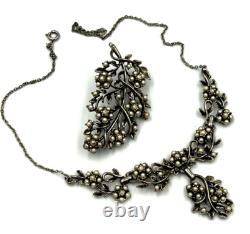 Vintage Silver Plated Art Nouveau Necklace Set with Faux Pearls Matching Brooch