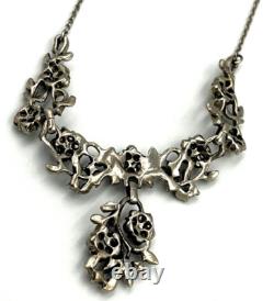 Vintage Silver Plated Art Nouveau Necklace Set with Faux Pearls Matching Brooch