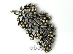 Vintage Silver Plated Art Nouveau Necklace Set with Faux Pearls Matching Brooch