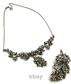 Vintage Silver Plated Art Nouveau Necklace Set with Faux Pearls Matching Brooch