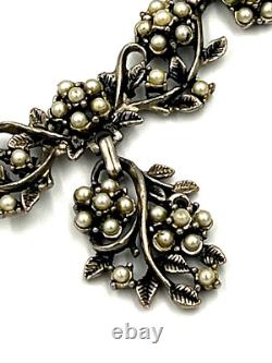 Vintage Silver Plated Art Nouveau Necklace Set with Faux Pearls Matching Brooch