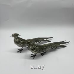 Vintage Silver Plated Bronze Pheasant Figurines Pair Detailed Bird Statues Col