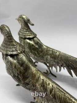 Vintage Silver Plated Bronze Pheasant Figurines Pair Detailed Bird Statues Col