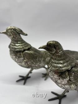 Vintage Silver Plated Bronze Pheasant Figurines Pair Detailed Bird Statues Col