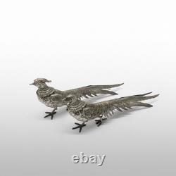 Vintage Silver Plated Bronze Pheasant Figurines Pair Detailed Bird Statues Col
