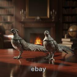 Vintage Silver Plated Bronze Pheasant Figurines Pair Detailed Bird Statues Col
