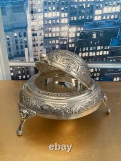 Vintage Silver Plated Caviar Dish/ 3 Footed Persian Dome server /Rollback Lid