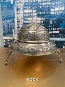Vintage Silver Plated Caviar Dish/ 3 Footed Persian Dome server /Rollback Lid