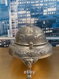 Vintage Silver Plated Caviar Dish/ 3 Footed Persian Dome server /Rollback Lid