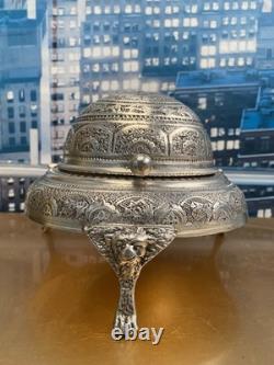 Vintage Silver Plated Caviar Dish/ 3 Footed Persian Dome server /Rollback Lid