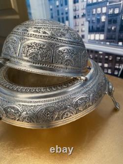 Vintage Silver Plated Caviar Dish/ 3 Footed Persian Dome server /Rollback Lid