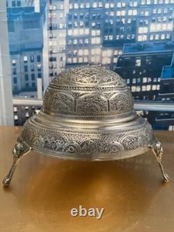 Vintage Silver Plated Caviar Dish/ 3 Footed Persian Dome server /Rollback Lid