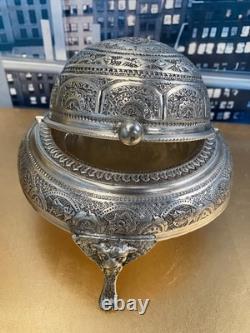 Vintage Silver Plated Caviar Dish/ 3 Footed Persian Dome server /Rollback Lid