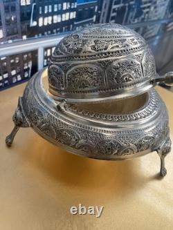 Vintage Silver Plated Caviar Dish/ 3 Footed Persian Dome server /Rollback Lid