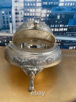 Vintage Silver Plated Caviar Dish/ 3 Footed Persian Dome server /Rollback Lid