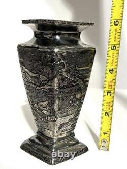 Vintage Silver Plated Japanese Kobayashi Vase Landscape 5.75- Signed 9/100