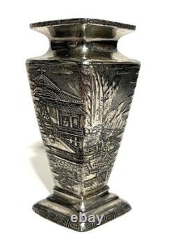 Vintage Silver Plated Japanese Kobayashi Vase Landscape 5.75- Signed 9/100
