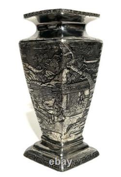 Vintage Silver Plated Japanese Kobayashi Vase Landscape 5.75- Signed 9/100