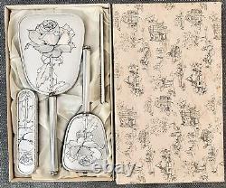 Vintage Silver Plated Vanity Beauty Set Roses 4 Pieces with Original Box