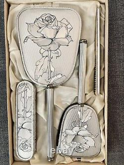 Vintage Silver Plated Vanity Beauty Set Roses 4 Pieces with Original Box