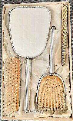 Vintage Silver Plated Vanity Beauty Set Roses 4 Pieces with Original Box
