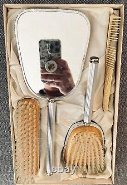 Vintage Silver Plated Vanity Beauty Set Roses 4 Pieces with Original Box
