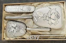 Vintage Silver Plated Vanity Beauty Set Roses 4 Pieces with Original Box