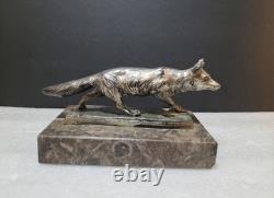 Vintage Silvered Bronze or Silver Plate Prowling Fox Figurine Marble Base