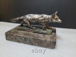 Vintage Silvered Bronze or Silver Plate Prowling Fox Figurine Marble Base