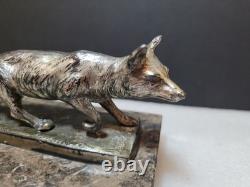Vintage Silvered Bronze or Silver Plate Prowling Fox Figurine Marble Base