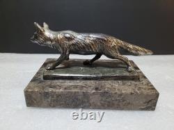 Vintage Silvered Bronze or Silver Plate Prowling Fox Figurine Marble Base
