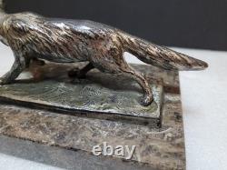 Vintage Silvered Bronze or Silver Plate Prowling Fox Figurine Marble Base
