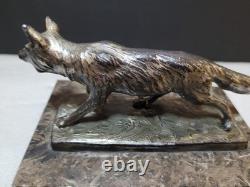 Vintage Silvered Bronze or Silver Plate Prowling Fox Figurine Marble Base