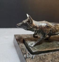 Vintage Silvered Bronze or Silver Plate Prowling Fox Figurine Marble Base