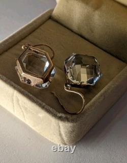 Vintage Soviet-era earrings, silver 875, large rock crystal stones, gold-plated