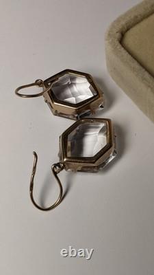 Vintage Soviet-era earrings, silver 875, large rock crystal stones, gold-plated