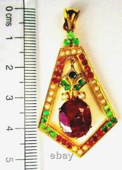 Vintage St. Sil Gold Plated Pendant, With Ruby, Emerald & Pearls