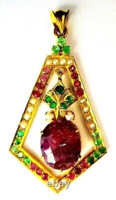 Vintage St. Sil Gold Plated Pendant, With Ruby, Emerald & Pearls