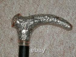 Vintage Walking Stick/Cane With Silver Plate Repousse Hunting Scene Hound Handle